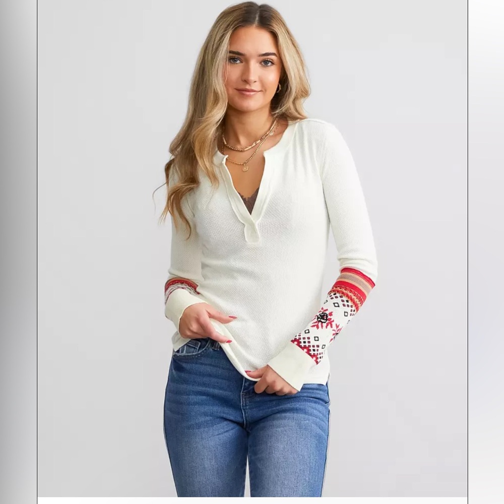 FREE PEOPLE WE THE FREE MIKAH NOTCH NECK HENLEY TOP BLOUSE CREAM & REDS SIZE S
